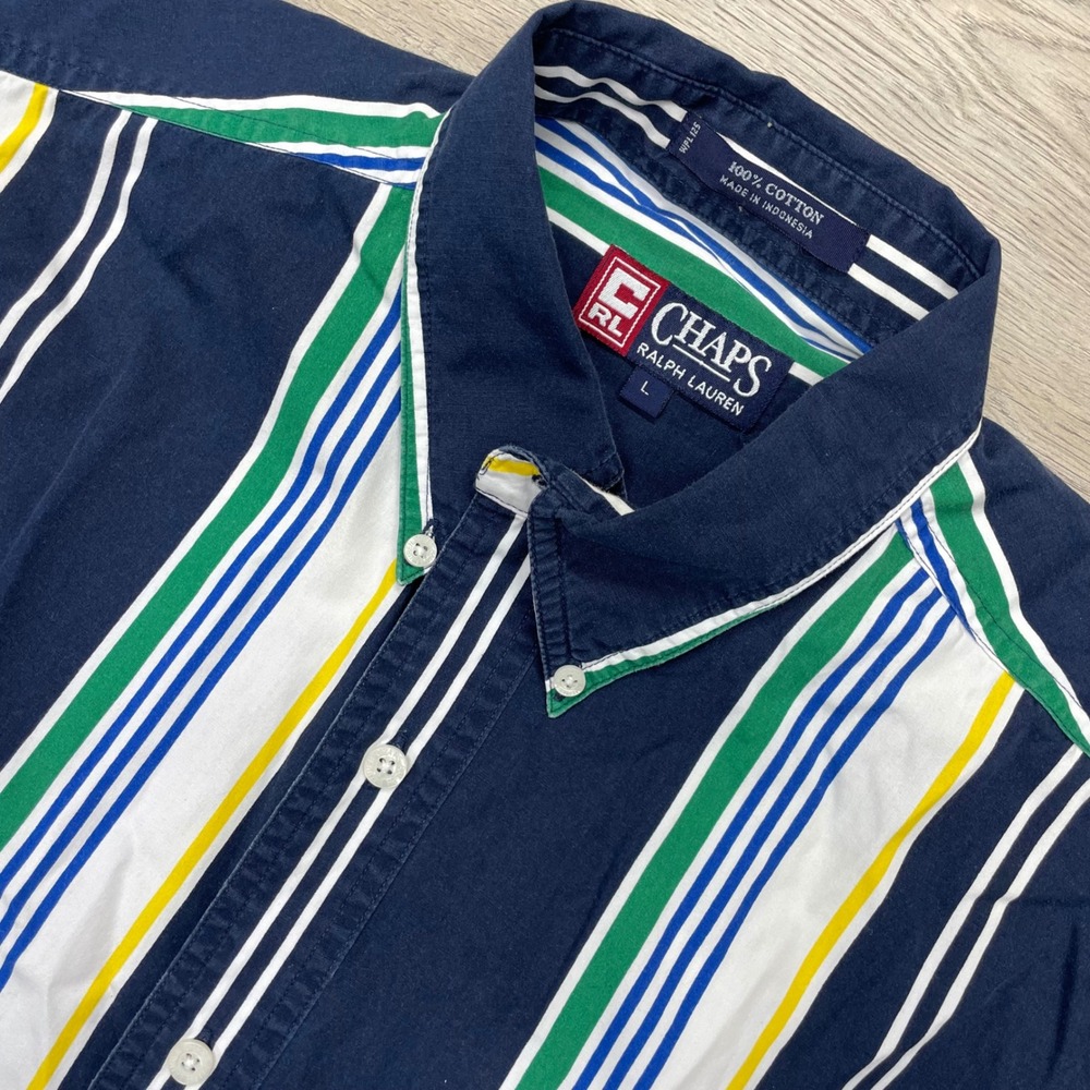 Chaps Button Down Shirt Mens Large Navy Multi Color Festival Stripe Short Sleeve